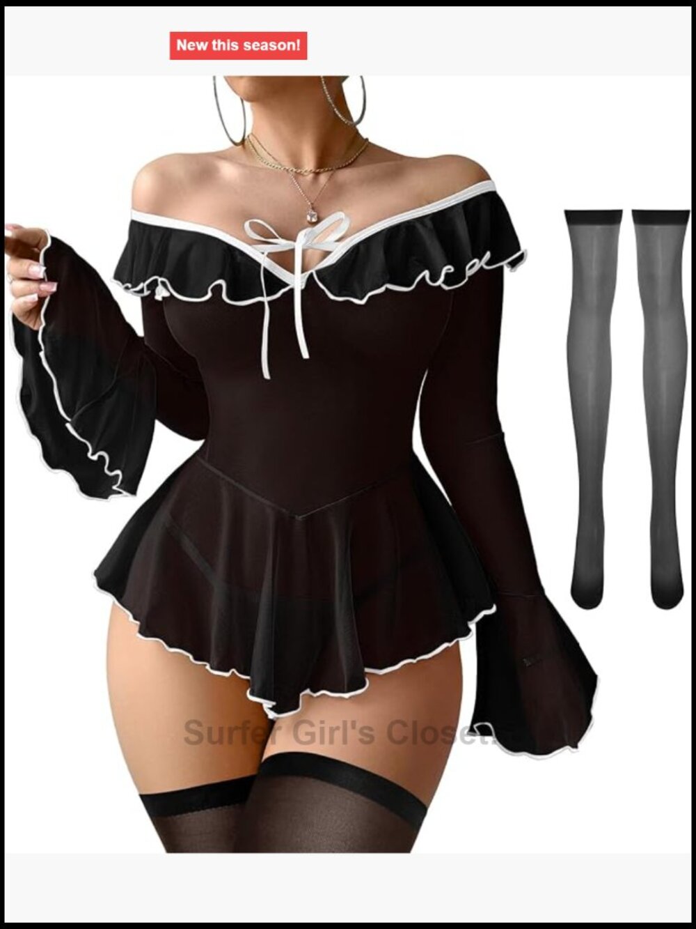 Sheer Mesh Ruffle Long Sleeve Babydoll Lingerie Dress 3-Piece Set with Thong